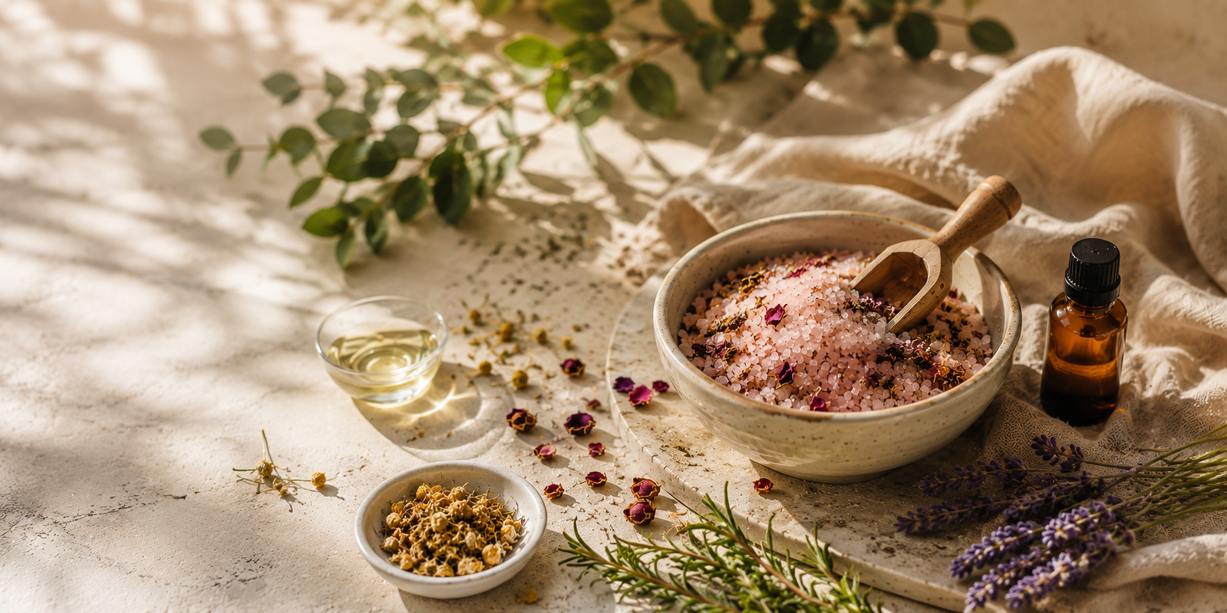 Ceai de baie si sare de baie pentru detox, cu plante, sare de baie, fulgi de magneziu si uleiuri esentiale