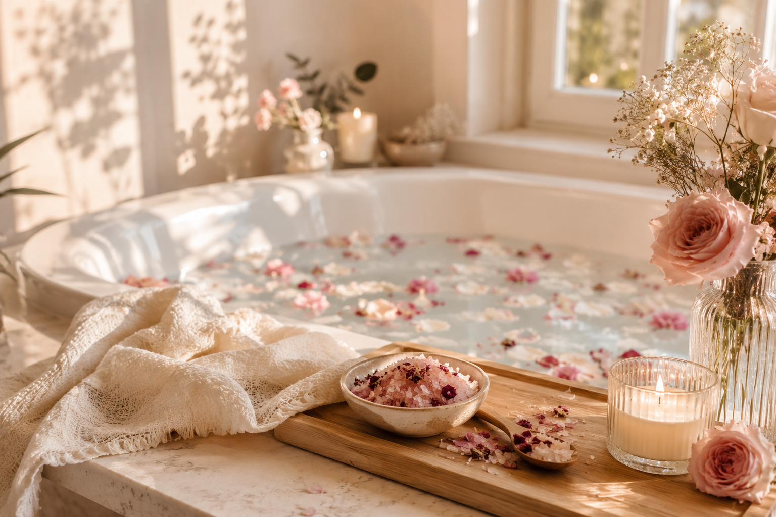 Ceai de baie si sare de baie pentru o stare de bine, cu trandafir, hibiscus, galbenele, lavanda
