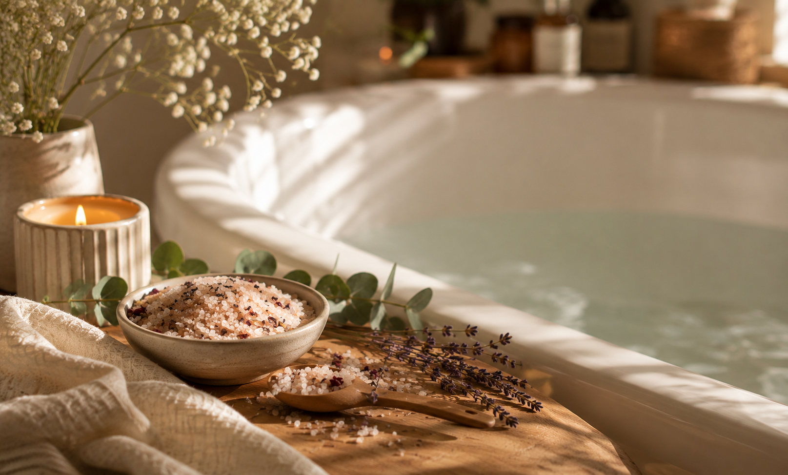 Ceai de baie si sare de baie impotriva oboselii, cu plante, sare de baie, fulgi de magneziu si uleiuri esentiale, spa acasa